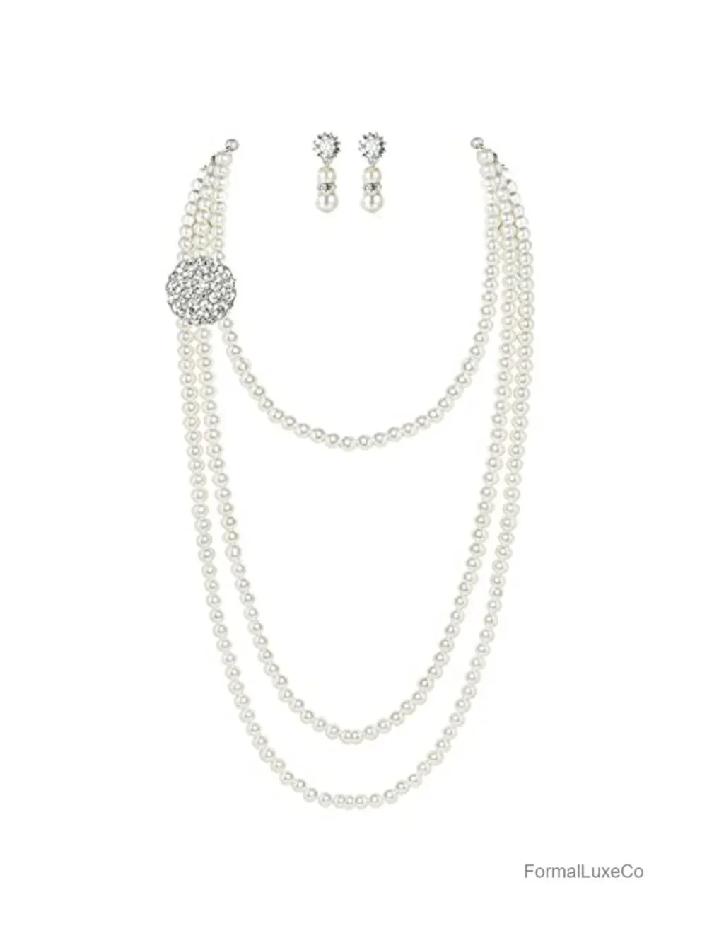 Multilayer Imitation Pearl Necklace & Earrings Set with Brooch